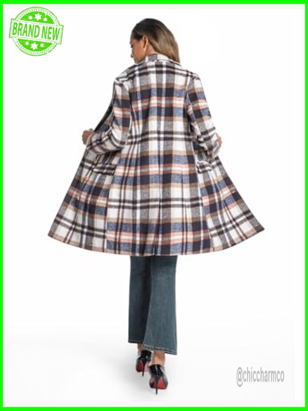 Long Plaid Wool Double Breasted Peacoat Notch Lapel Trench Fall Winter - Picture 4 of 5